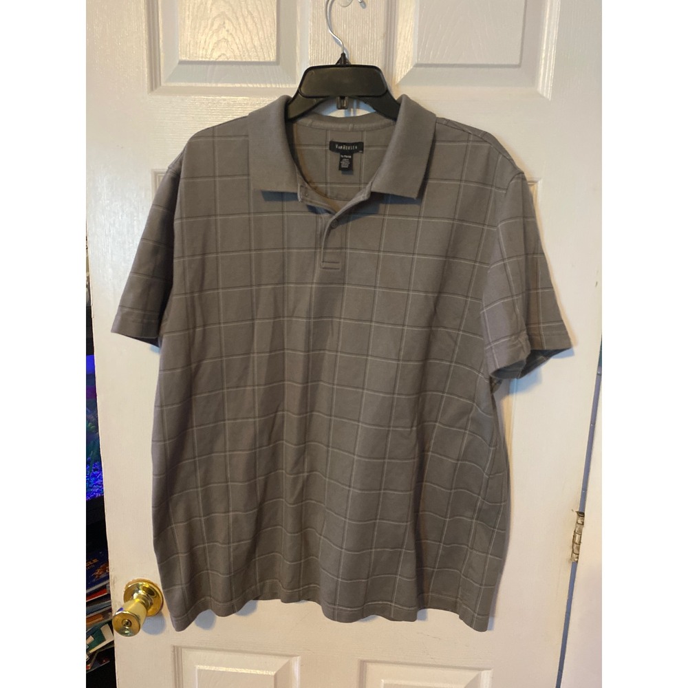 Van Heusen Mens Grey Grid Pattern Short‎ Sleeve Polo Shirt XL Casual Golf Top